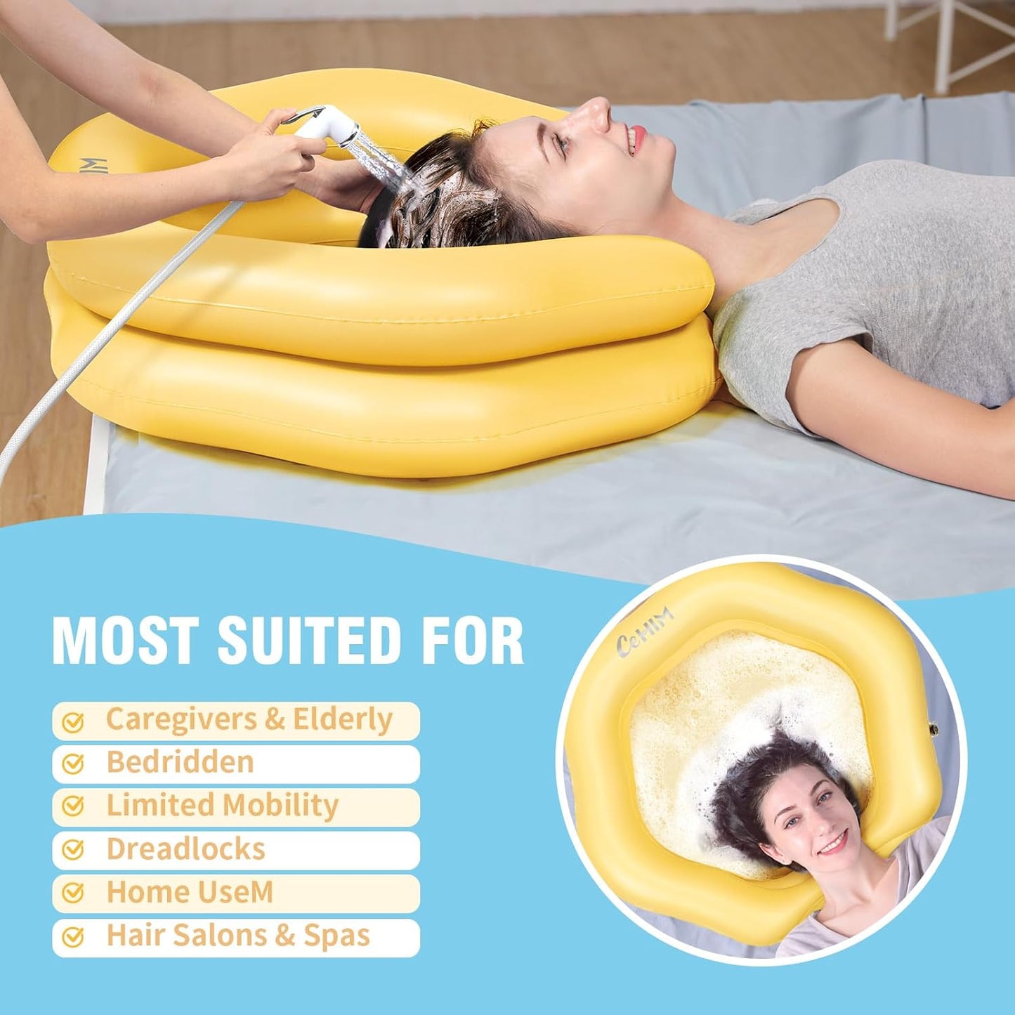 Inflatable Shampoo Basin for Bedridden, Elderly & Disabled - Petal-Shape Large Size, 360° Neck Support, Central Drain Hole with Pull Ring | Leak-Proof PVC Portable Hair Washing Bowl (Yellow)