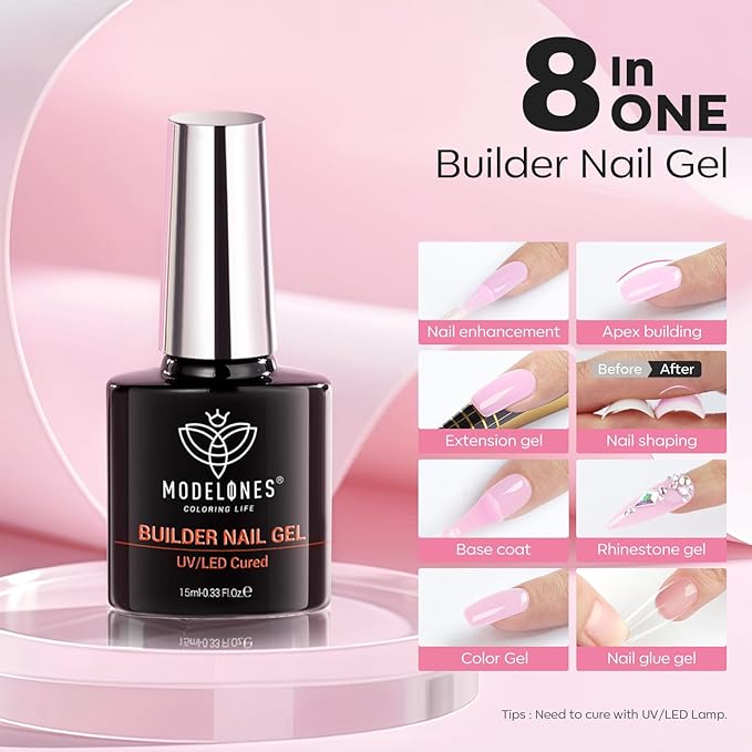 modelones Builder Nail Gel, 8-in-One Baby Pink Builder, Pastel Pink Rubber Base Gel Polish, LED Lamp Cured Color Base Hardener Apex Building Strengthener Extension for DIY Salon Girls Home