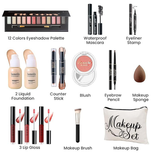 Makeup Kit for Girls Teens, Travel Makeup Kit, Facial Makeup Full Kit, Makeup Present Set for Beginners & Professionals, Cosmetic Bag Include Pigmented Blendable Eyeshadow Palette, concealer