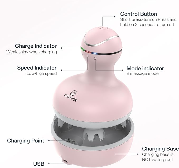 COMFIER Scalp Massager for Hair Growth, Waterproof & Full Body Kneading, 84 Massage Nodes, Handheld Head Scratcher, Cat Massager, Pink