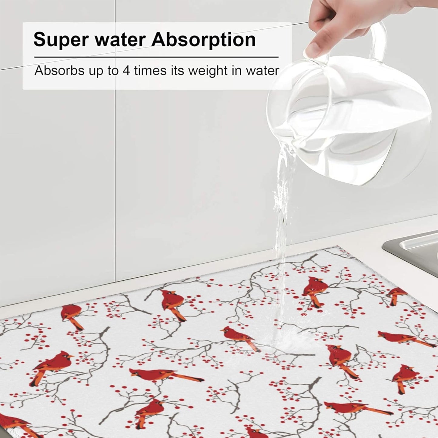 Cardinal Bird Red Berry Decor Kitchen Drying Mat Cute Microfiber Dish Drainer Mat for Kitchen Counter Absorbent Reusable Washable Home Holiday Decor 16x18 Inch