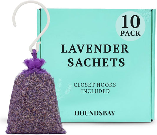 10 Lavender Sachet Bags, Fully Stuffed Scented Sachets with Hanger Hooks, Perfect for Closets, Drawers, Cars, Gym Bags, or Anyplace That Needs to Smell Better