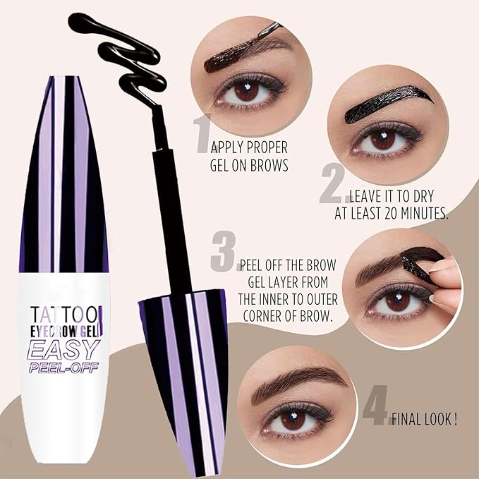 Tattoo Eyebrow Gel Easy Peel Off, Peel Off Eyebrow Tint, Easy Peel off Eyebrow Gel, Peel Off Eyebrow Tint, Waterproof & Sweatproof for All Skin Types (#3 Dark Brown)