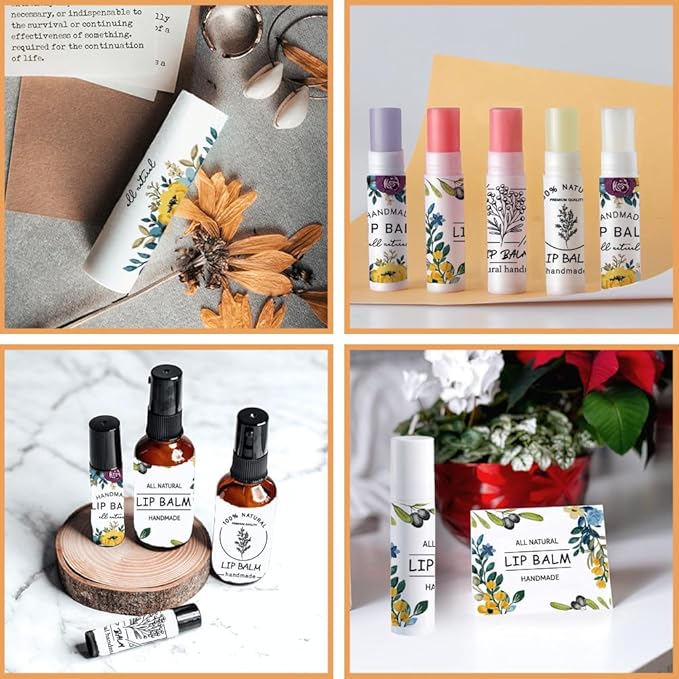 OLYCRAFT 100Pcs 4 Styles Lipstick Tag Stickers Flower Lip Balm Label Sticker 2.1x1.7 inch Self Adhesive Lipstick Labels with Handmade Words for Lip Balm Container Tubes Wrapping Decorations