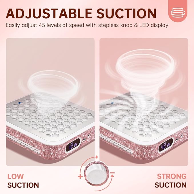 Nail Dust Collector, Rechargeable Dust Collector Nail Tech, Powerful Vacuum Fan Vent Dust Collector Extractor Dust Suction Machine for Acrylic Nails Polishing, Nail Salon&Home, Pink