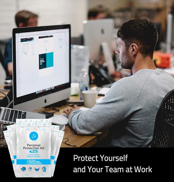 Personal Protection Kit TO GO, Mini 4 Item PPE Kit for travel and school | Includes 1 Each of Face Covering, Gloves, Cleansing Wipes & Hand Cleansing Gel | 10 - Pack (Light Blue)