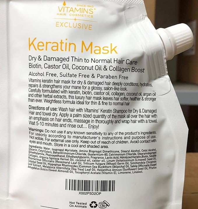 VITAMINS hair cosmetics Keratin Hair Mask - Deep Repair Conditioner with Biotin & Castor Oil - For Damaged, Dry, Curly, Straight, Thin & Fine Hair - Intense Collagen Protein Treatment