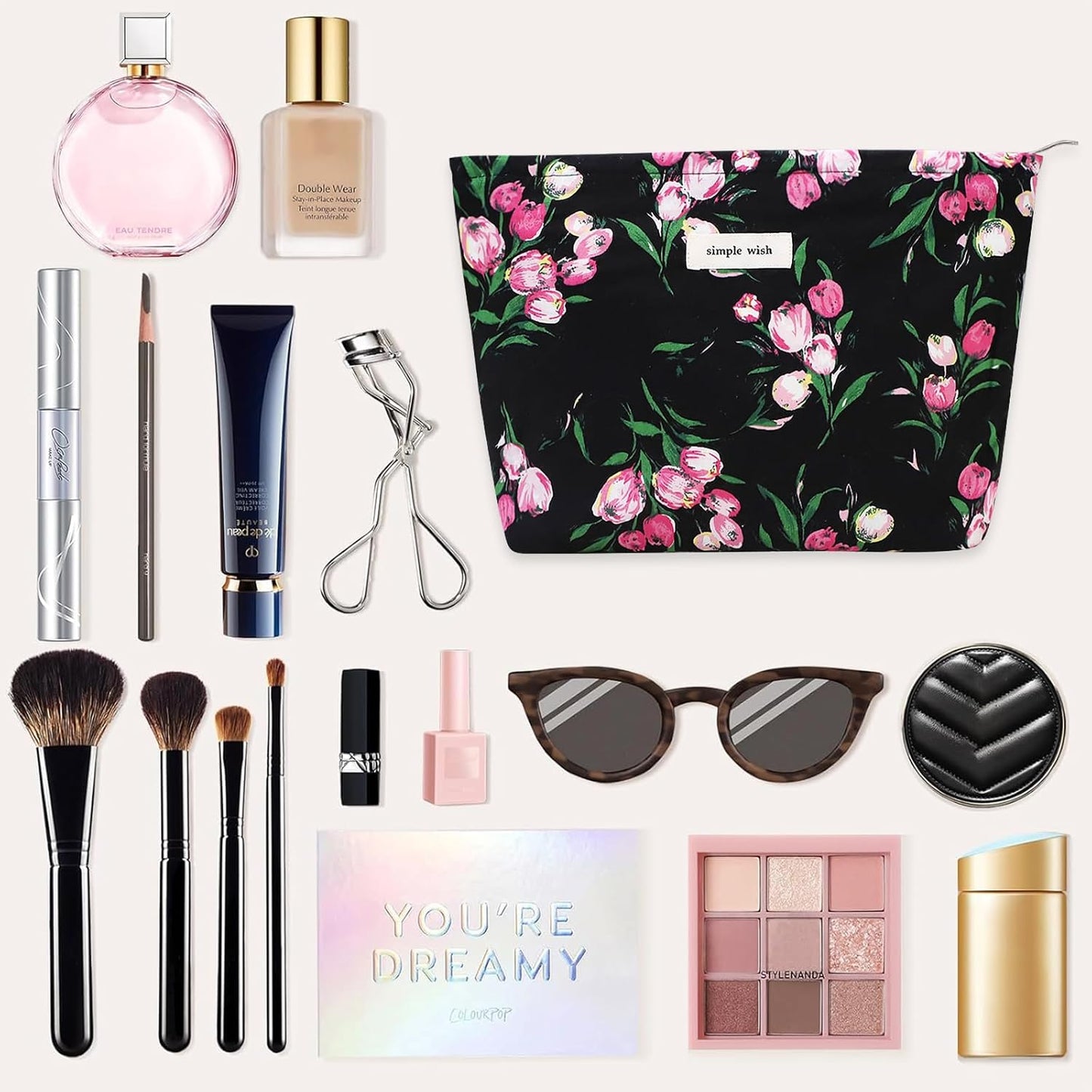 Wudygirl Makeup Bag Aesthetic Makeup Pouch Toiletry Bag Canvas Cosmetic Bag for Women and Girls Large Capacity Travel Makeup Bag Cute Pencil Pouch with Zipper (Black and Red Floral)