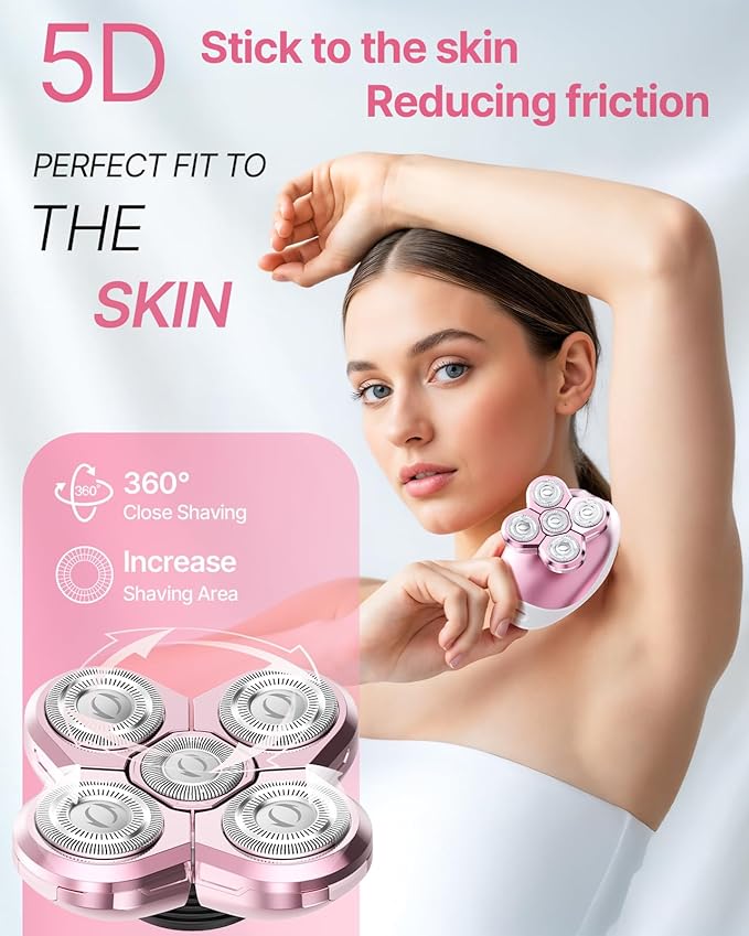 Electric Razors for Women, 5-in-1 Rechargeable Body Shaver - Waterproof Wet Dry Hair Remover - Trimmer for Lady Face Underarms Legs (Pink)