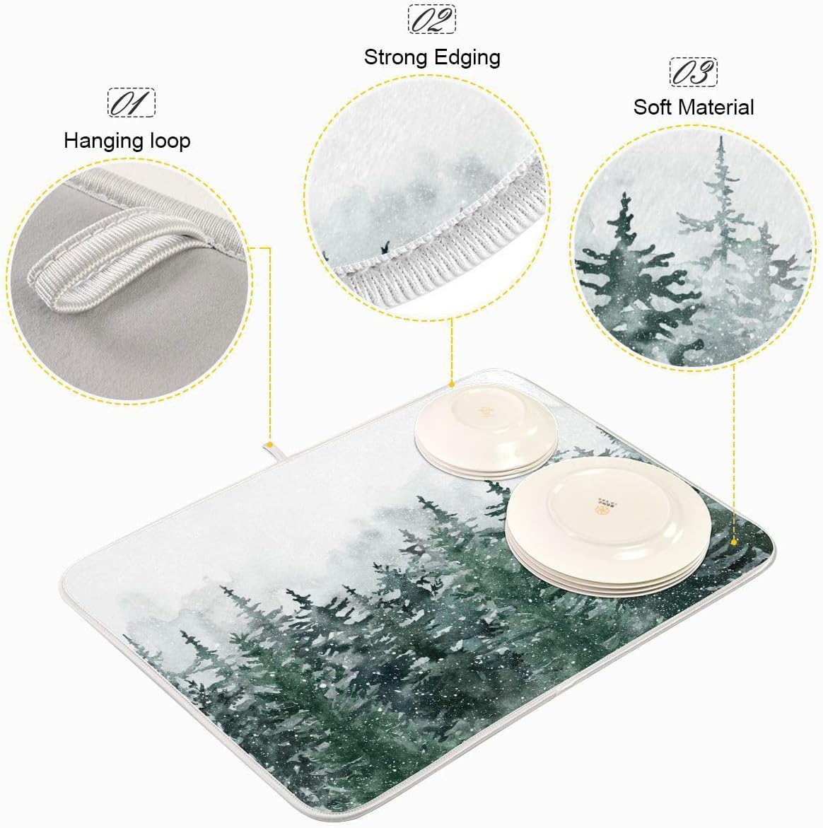 Winter Forest Scenery Dish Drying Mat for Kitchen Christmas Tree Snow Xmas Microfiber Drying Mats Absorbent Reversible Dish Pad Medium Dish Draining Mat 16x18 inch