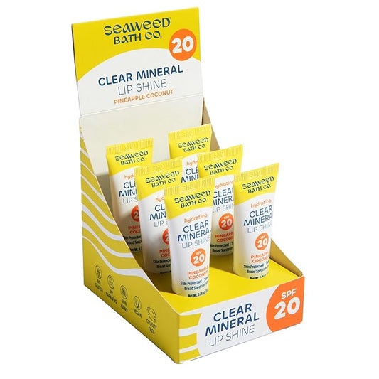 Seaweed Bath Co. Hydrating Clear Mineral Lip Shine SPF 20 Sunscreen Zinc Oxide Lip Balm, 0.28 Oz (6 Pack), Moisturizing Care for Dry, Chapped Lips