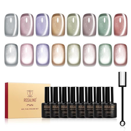 ROSALIND Cat Eye Gel Nail Polish, 8 Color Jelly Gel Polish with Magnet Stick Magnetic Cateye Translucent Effect Sheer Glitter Collection Manicure Gifts for Women