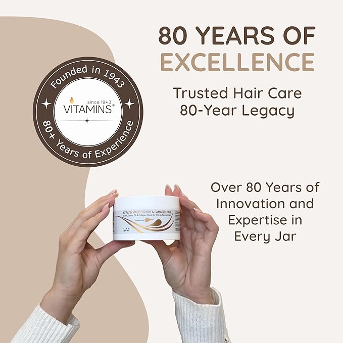 VITAMINS hair cosmetics Keratin Hair Mask - Deep Repair Conditioner with Biotin & Castor Oil - For Damaged, Dry, Curly, Straight, Thin & Fine Hair - Intense Collagen Protein Treatment