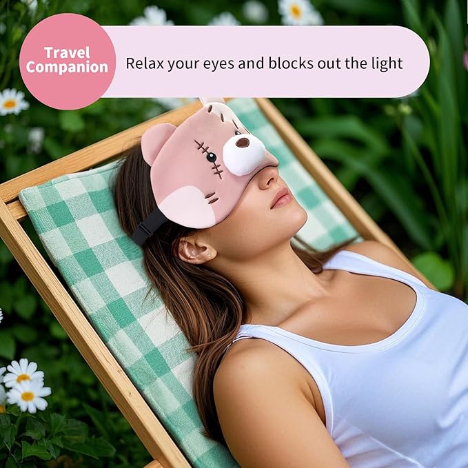 PERFECTSIGHT Sleep Eye Masks, Cute Plush Sleep Eye Cover Lightweight Adjustable Eyeshade Faux Fur Mask Cover for Women Men Kids Sleep Travel Nap, Big Eye Girl, Purple Nose, Brown Pudding Bear