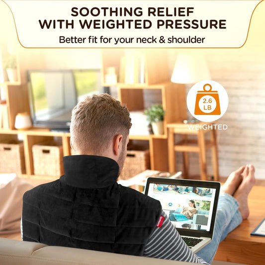 Comfytemp Heating Pad for Neck and Shoulders and Back, Weighted Electric Heat Pad for Pain Relief, 2.6lb Large Heated Wrap, 9 Heat Levels, 11 Auto-Off, Gifts for Women Men Dad, Black