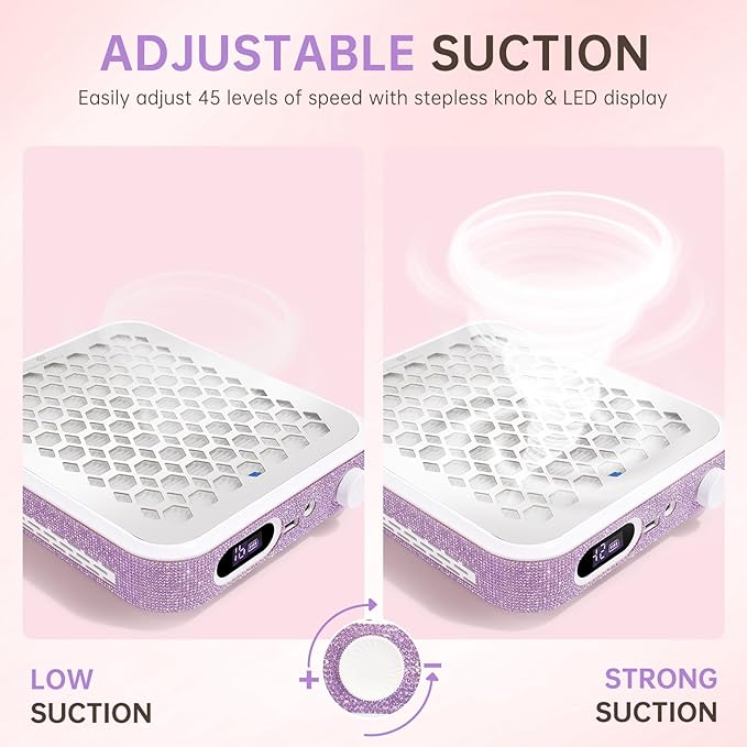 Nail Dust Collector, Rechargeable Dust Collector Nail Tech, Powerful Vacuum Fan Vent Dust Collector Extractor Dust Suction Machine for Acrylic Nails Polishing, Nail Salon&Home,Purple