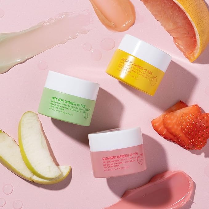 W7 Sweet Dreams Overnight Lip Mask Trio - Strawberry, Apple & Grapefruit Flavor 3 Pack - Vitamin E, Aloe Vera and Grape Seed Oil - For Hydrated, Full Looking & Irresistible Lips