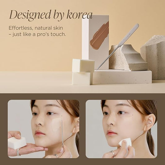 Korean Piccasso Brush Makeup Spatula + Sponge 2P Set – Professional Makeup Tools with Precision Spatula and 2 Soft Sponges, Ideal for Blending Foundation, Cream, or Liquid Makeup