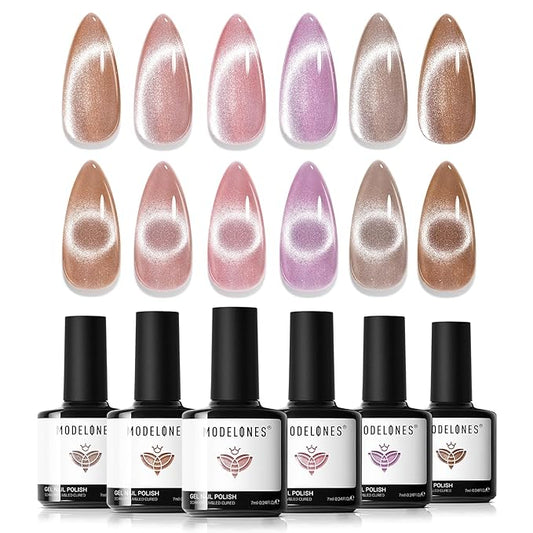 modelones Cat Eye Gel Nail Polish 6 Colors Nude Pink Brown Purple Cat Eye Nail Polish Glitter Semi-transparent Holographic 9D With Magnet Pastel All Seasons Soak Off Led Nail Art DIY Salon Gifts
