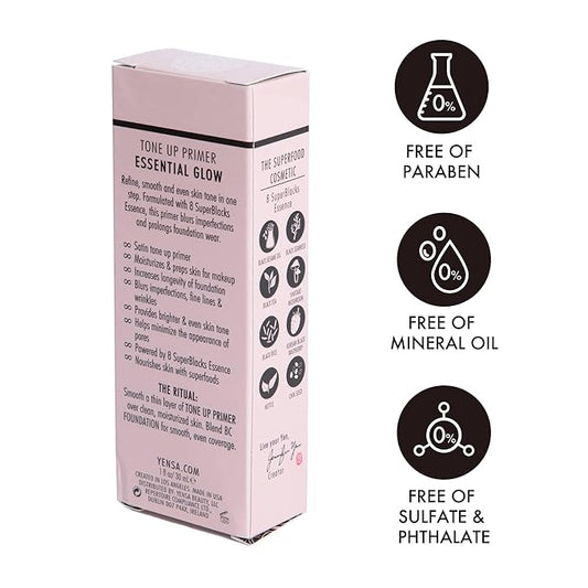 YENSA Tone Up Primer Essential Glow - Clean Superfood Formula with 8 Skin-Loving Ingredients - Minimizes Pores, Fine Lines & Wrinkles - Lightweight Satin-Sheen Finish