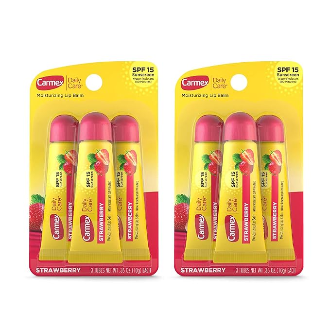 Carmex Daily Care Moisturizing Lip Balm with SPF 15, Strawberry Lip Balm Tubes, 0.35 OZ Each - 3 Count (Pack of 2)