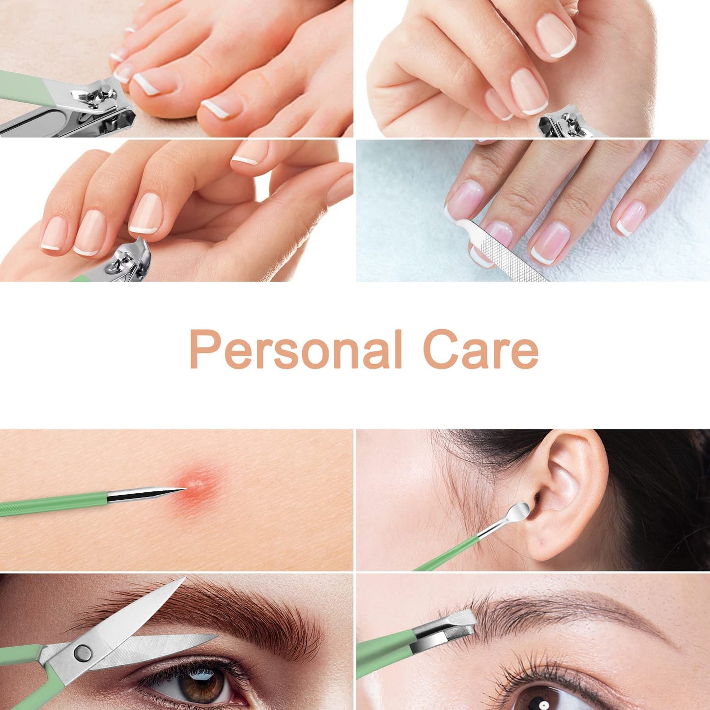 Manicure Set - 7 Pieces Professional Travel Nail Clippers with Green Leather Bag, Stainless Steel Nail Care Tools Grooming Kit for Women