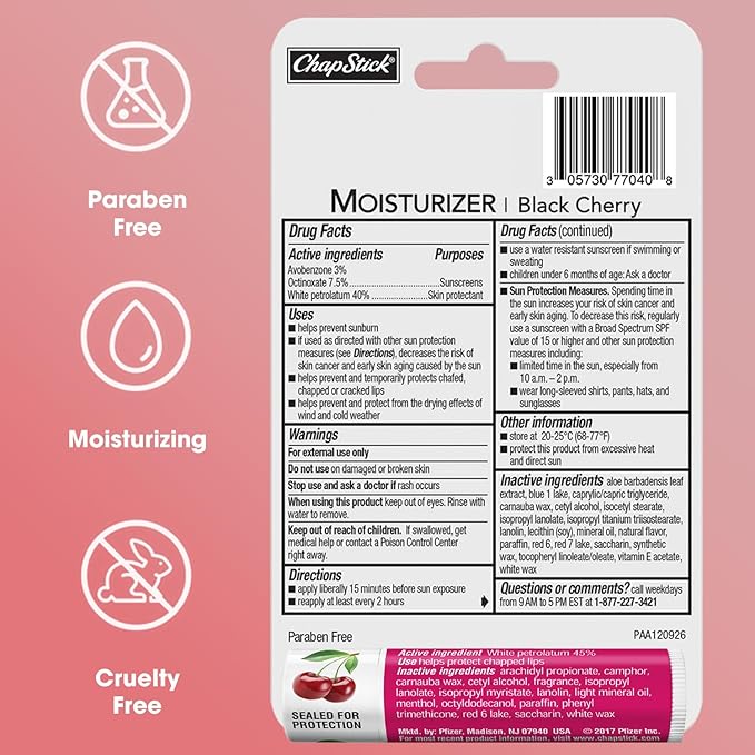 ChapStick Moisturizer 2-in-1 Lipcare SPF 15 Black Cherry 3-Pack + Classic Cherry Lip Balm 2-Pack, 0.15 Oz Ea (5 Piece Set)