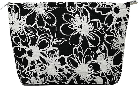 Floral Makeup Bag for Women,Travel Makeup Pouch for Purse, Black Zippered Pouch, Canvas Make Up Bag L Comfortable Lightweight Makeup Bag, Zipper Bag Cosmetic Bag for Women