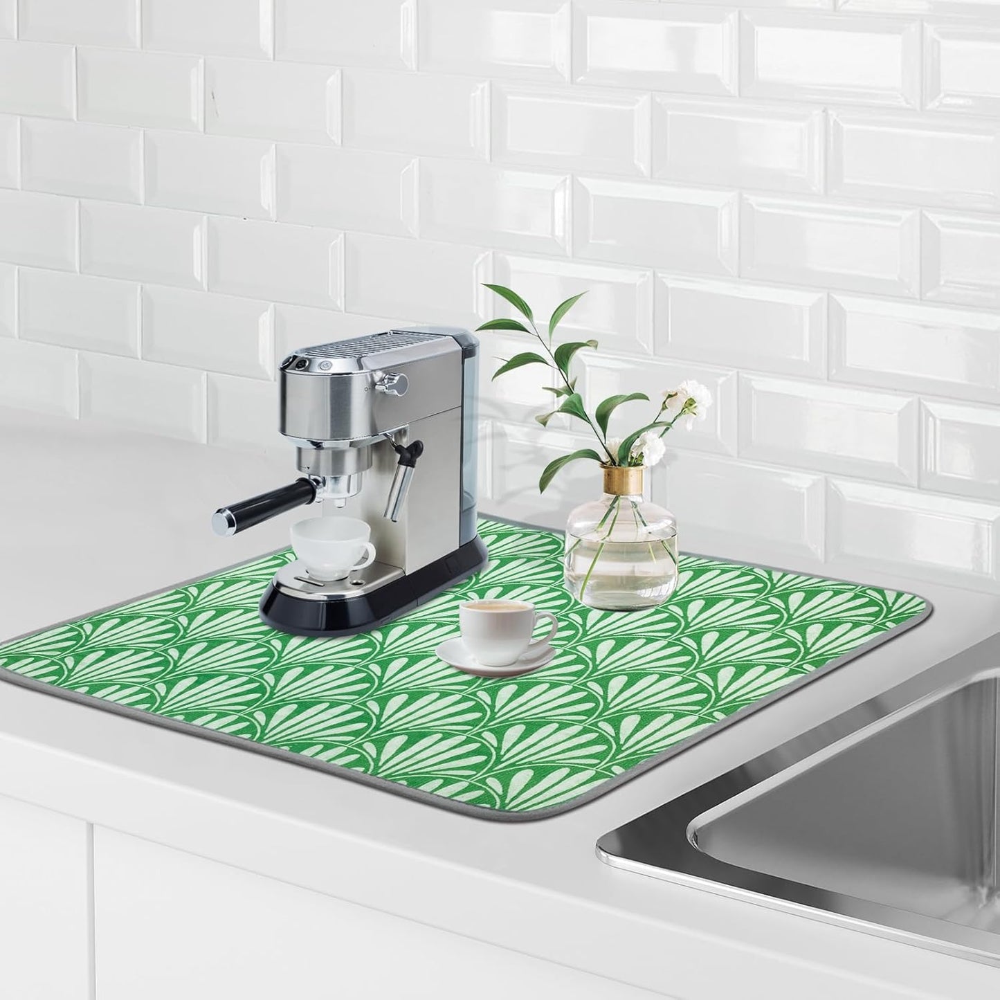 SHIYUE Dish Drying Mat for Kitchen Counter Super Absorbent Spring Kitchen Decor Microfiber Drying Matainers Rack Fast Pad Dish Drainer Mats(Bohe Green Flower,18''x24'')