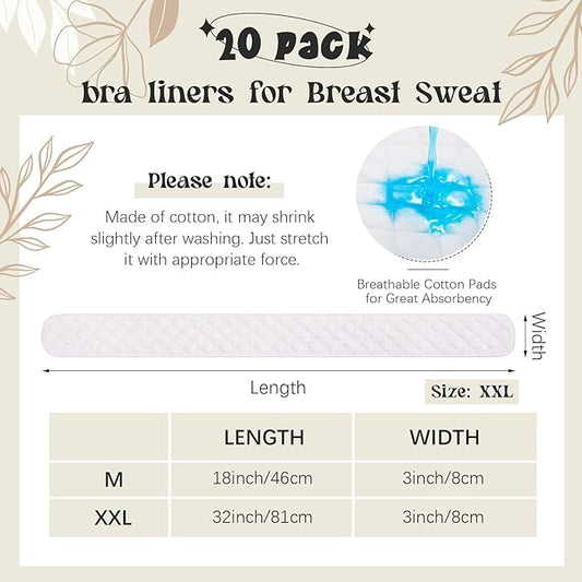 Toulite 20 Pcs Bra Liners for Sweat 18x3 Inch 3 Layer Washable Rectangle Cotton Under Breasts Pads for Women Absorb Sweating