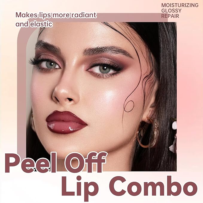 Nude Plum Peel Off Lip Liner Stain Tattoo with Nude Pink Lip Gloss Glow Oil, Non-Stick Cup High Shine Lip Combo Waterproof Long Wear Lightweight Glossy Lipstick Makeup