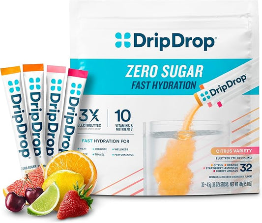DripDrop Sugar Free Hydration Packets - Zero Citrus Variety Pack - Single Serve Electrolytes Powder Drink Mix - Cherry Limeade, Citrus, Orange, Strawberry Lemonade - Non-GMO, Gluten Free - 32 Sticks
