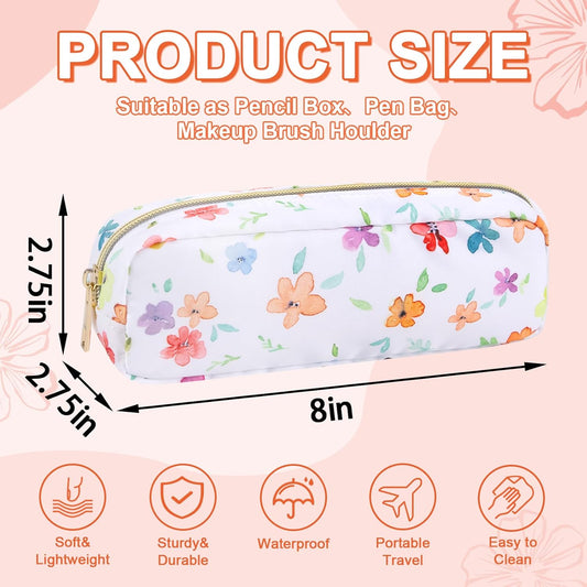 Waterproof Small Floral Pencil Case Makeup Bag for Purse,Cute Flower Pencil Pouch Preppy Nylon Makeup Brush Holder with Zipper,Girls Portable Storage Case Pen Bag for Work(Slim Colorful-Flowers)