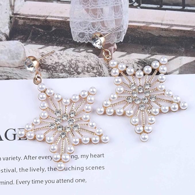 Vintage Pearl Star Drop Earrings Crystal Star Dangle Earrings Gold Rhinestone Stud Earrings Bohemian Large Star Statement Earrings Jewelry for Women and Girls Gifts