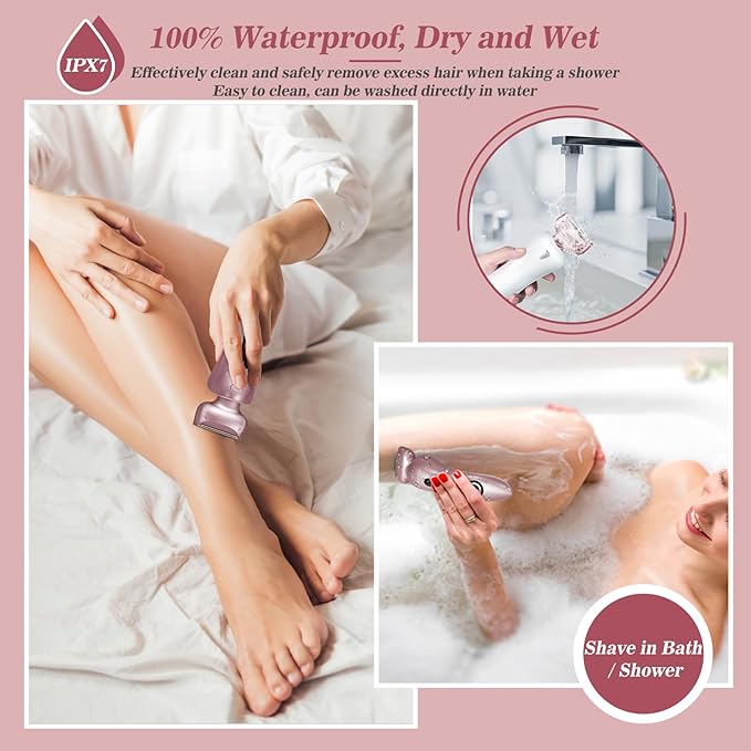 Electric Shaver for Women for Legs Bikini Trimmer Electric Razors for Women Underarm Public Hairs Rechargeable Womens Shaver Wet Dry Use Painless Cordless with Detachable Head (Pink)