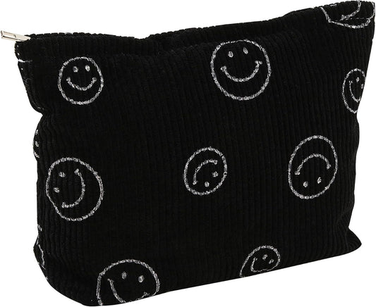 Cosmetic Bags for Women - Corduroy Cosmetic Bag Aesthetic Women Handbags Purses Smile Dots Makeup Organizer Storage Makeup Bag Girls Case Bags (A-Black)