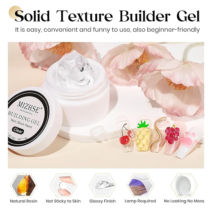 MIZHSE Solid Builder Gel for Nails, Clear Non-Sticky Sculpting Gel, 3D Nail Art Carving Building Modeling Hard Nail Extension Soak Off UV/LED Nail Art Salon Home DIY 15g