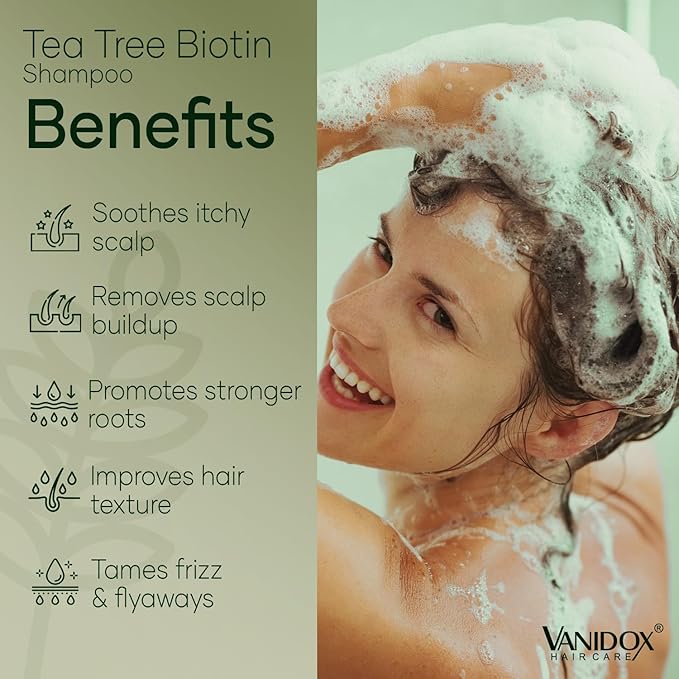 Tea Tree Oil Shampoo with Biotin, DHT Blockers, Itchy Scalp Relief, Supports Thicker-Looking Hair, Cleanses Dandruff & Buildup, For Men & Women, Made in USA, 16 fl oz