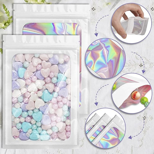 100 Pack Holographic Bags, Smell Proof Packaging Bags, Clear Window Resealable Odor Foil Pouch Mylar Bag for Food Storage and Lipgloss, Jewelry Lash (White, 3 x 4.7 Inch)
