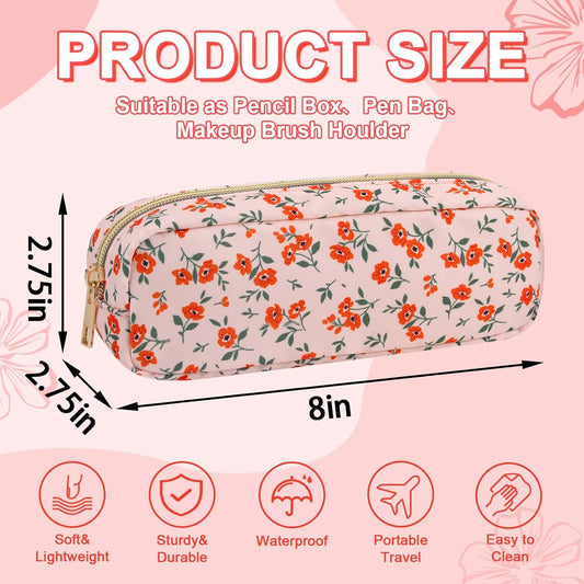 Waterproof Small Floral Pencil Case Makeup Bag for Purse,Cute Flower Pencil Pouch Preppy Nylon Makeup Brush Holder with Zipper,Girls Portable Storage Case Small Pen Bag for Work(Slim Pink-Flowers)