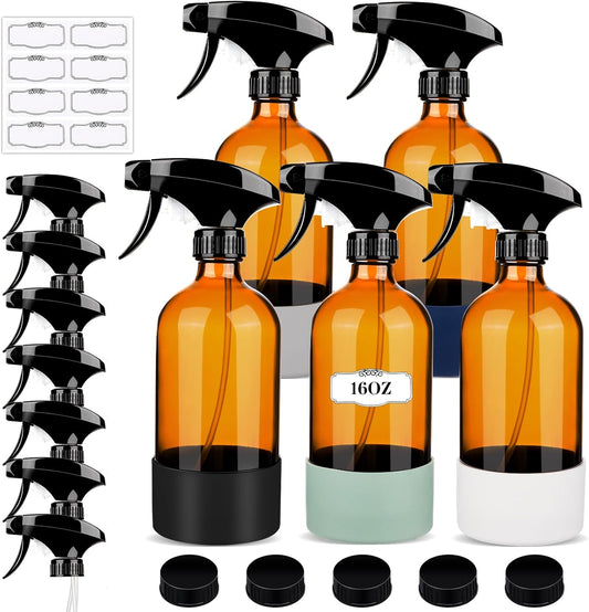 5 Pack/16 Oz Glass Spray Bottles, Refillable Empty Containers with Silicone Sleeve, Upgraded Adjustable Nozzle Spray Bottle Sets for Cleaning, Essential Oils, Hair (Amber)