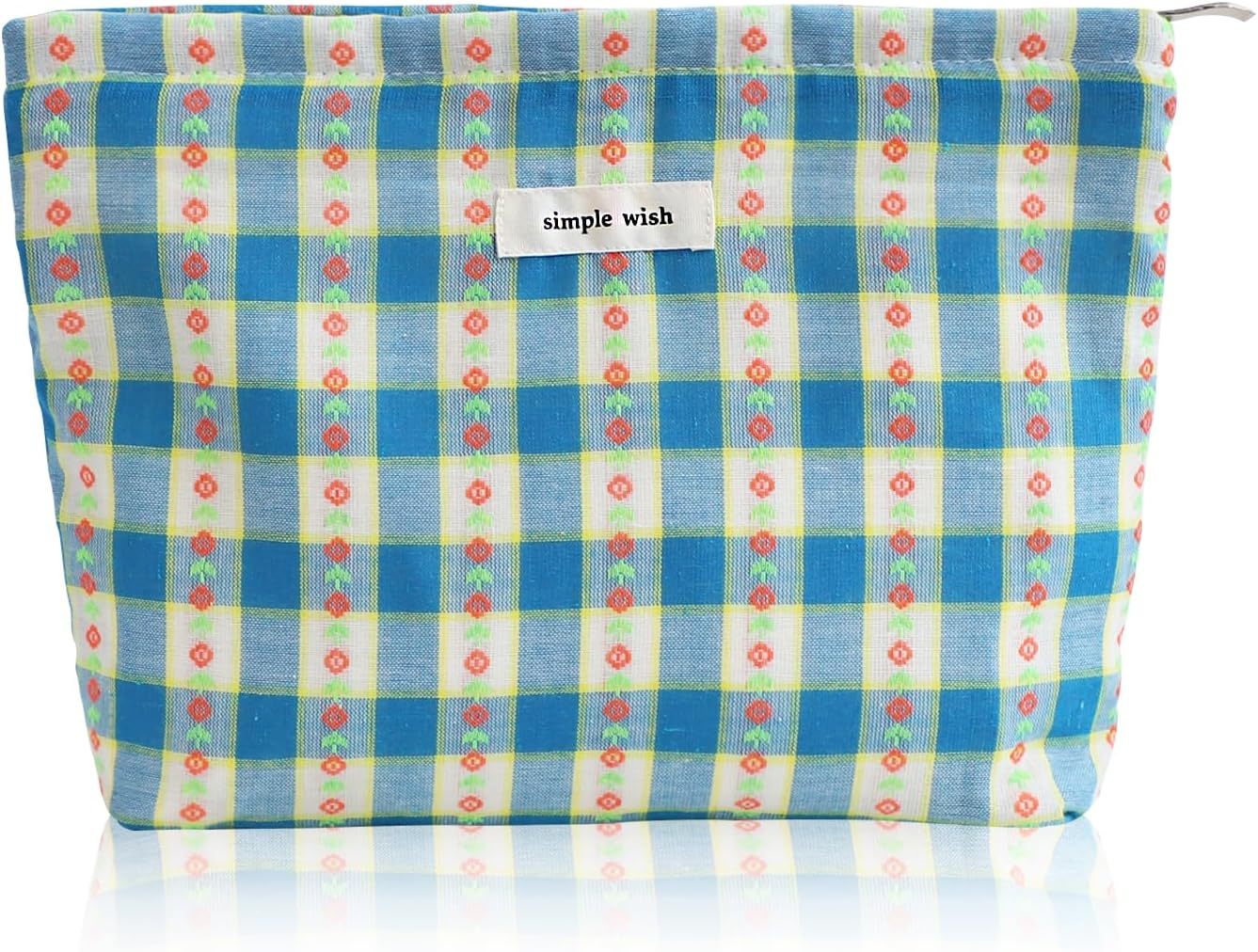 Wudygirl Cute Makeup Bag Large Capacity Cosmetic Bag Aesthetic Floral Makeup Pouch for Women Make up Organizer Pencil Pouch Portable Toiletry Bag Zipper (Blue Floral)