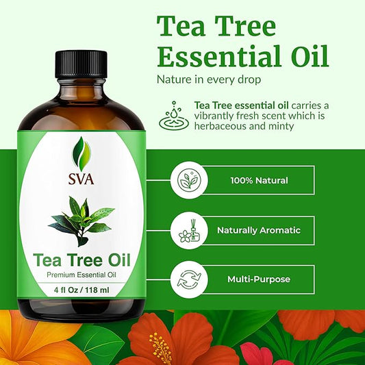 SVA Tea Tree Essential Oil – 4 Fl Oz – 100% Natural Tea Tree Oil - for Diffuser, Hair Care, Face, Skin Care, Aromatherapy, Scalp and Body Massage, Soap and Candle Making – with Dropper