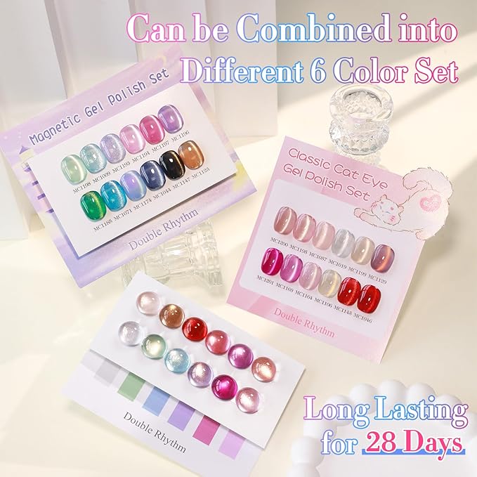 Double Rhythm 28Pcs 0.5Oz Cat Eye Gel Nail Polish Set Same Color Same Bottle Soak Off Magnetic Gel Polish Kit Nail Art Manicure Salon DIY at Home (Silver Gold Red Black-T24-7)