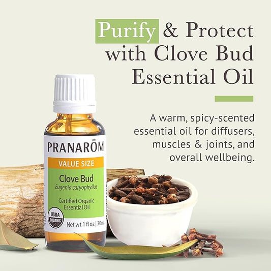 Pranarom USDA Certified Organic Clove Essential Oil (30ml), 100% Pure Undiluted Therapeutic Grade from Sri Lanka & Madagascar for Aromatherapy, Diffuser, Immune Support, DIY Cleaning, Warm Scent