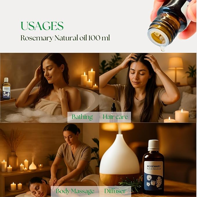 Roots & Above Pure Natural Rosemary Essential Oil 3.38 fl oz/100 ml for Diffuser, Face, Skin Care, Hair, Aroma, Massage, Candle & Soap Making Fragrance DIY use
