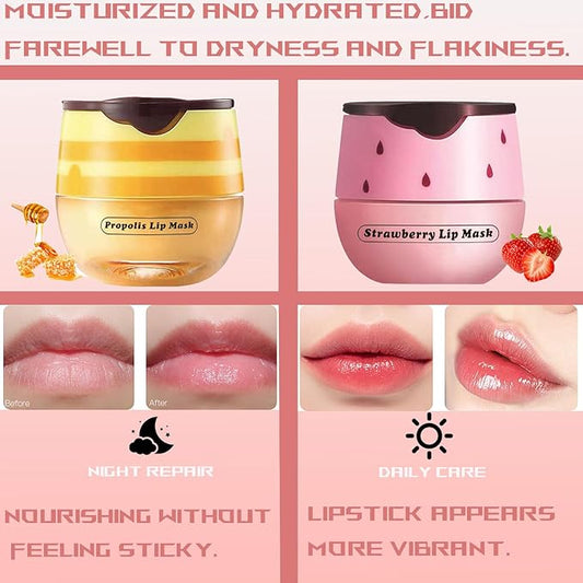 2 PCS Bee Lip Balm Honey Pot, Honey Strawberry Bee Lip Balm Sleeping Lip Mask Overnight with Sticks, Honey Pot Lip Balm Hydrating Exfoliating Prevention Dry and Crack Lip Scrubs