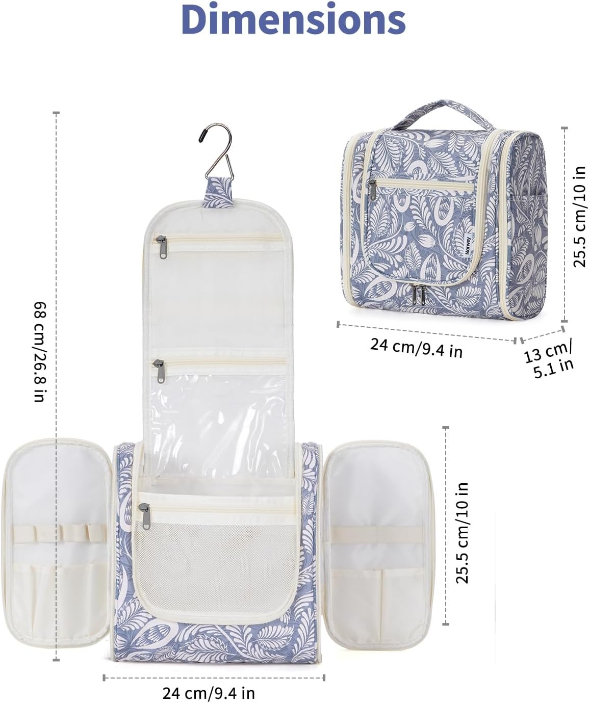 Narwey Hanging Toiletry Bag for Women Travel Makeup Bag Organizer Toiletries Bag Men for Cosmetics Essentials Accessories(Large, Blue Leaf)