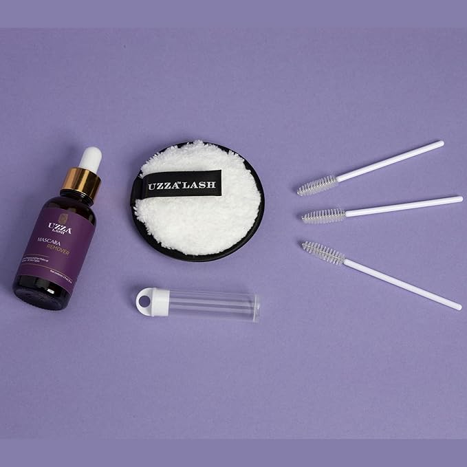 UZZA Lash Eye Makeup Remover - Waterproof Mascara Remover for Sensitive Eyes - Natural Make up Remover - Hygienic Kit Includes Eyelash Brush, Reusable Pads, Cleanser Liquid 1oz