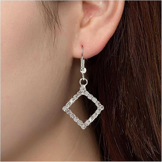 Vintage Crystal Square Drop Earrings Rhinestone Square Dangle Earrings Hollow Square Hook Earrings Silver Sparkly Cz Square Earrings Jewelry for Women